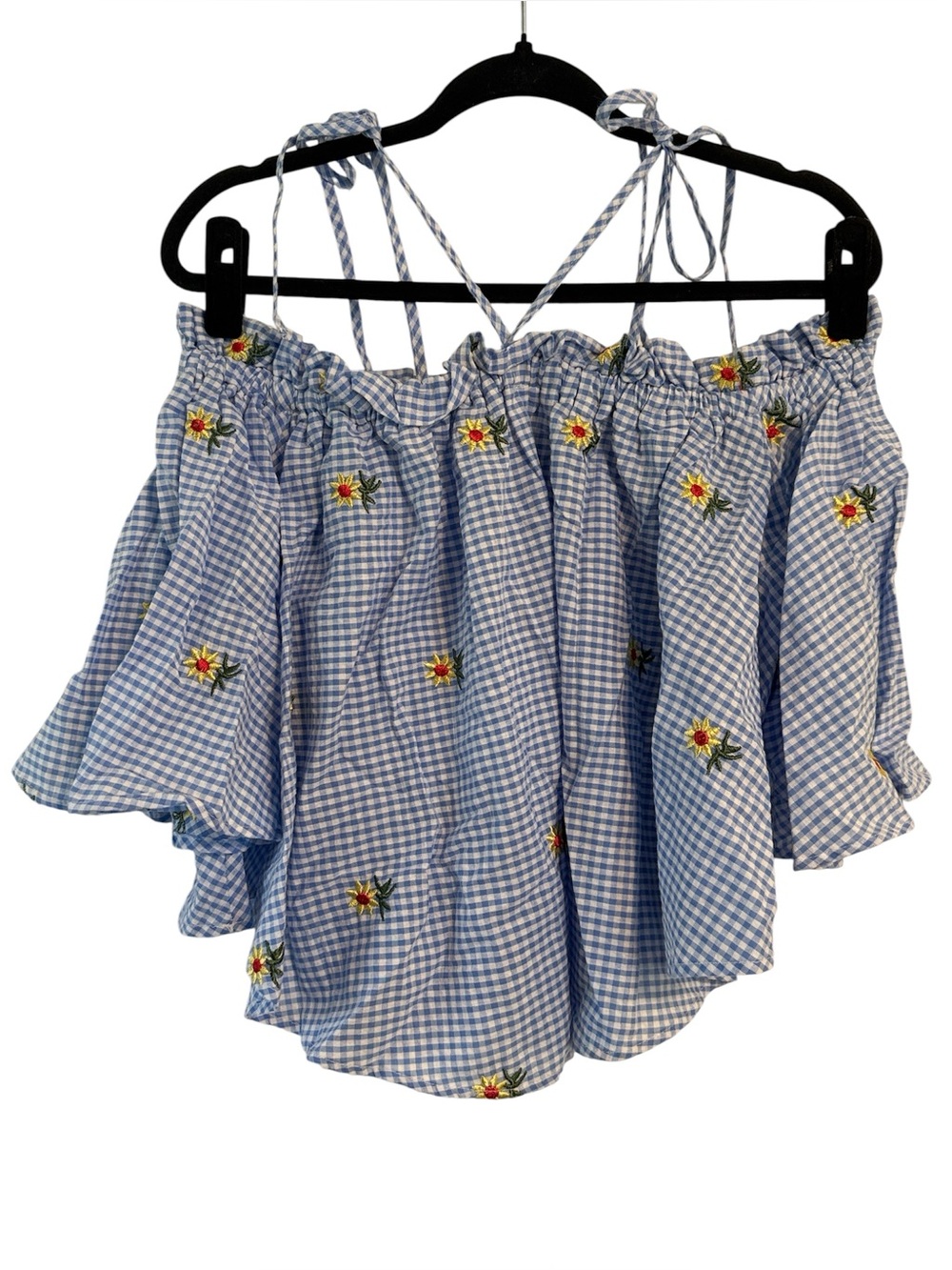Romeo & Juliet Couture Blue and White Checkered Top with Embroidered Flowers NWT